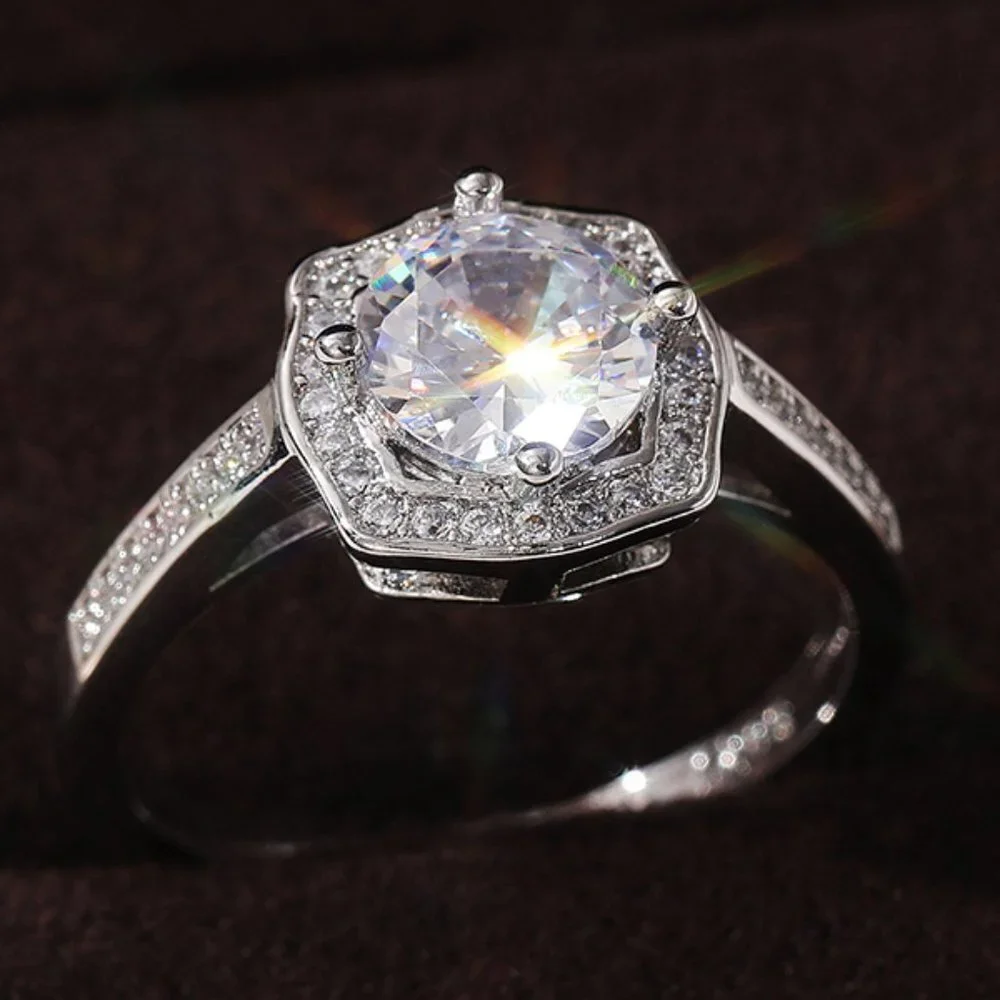 😍Engagement Hollow Anillos Sparkling Round CZ Dainty Silver Rings, L133